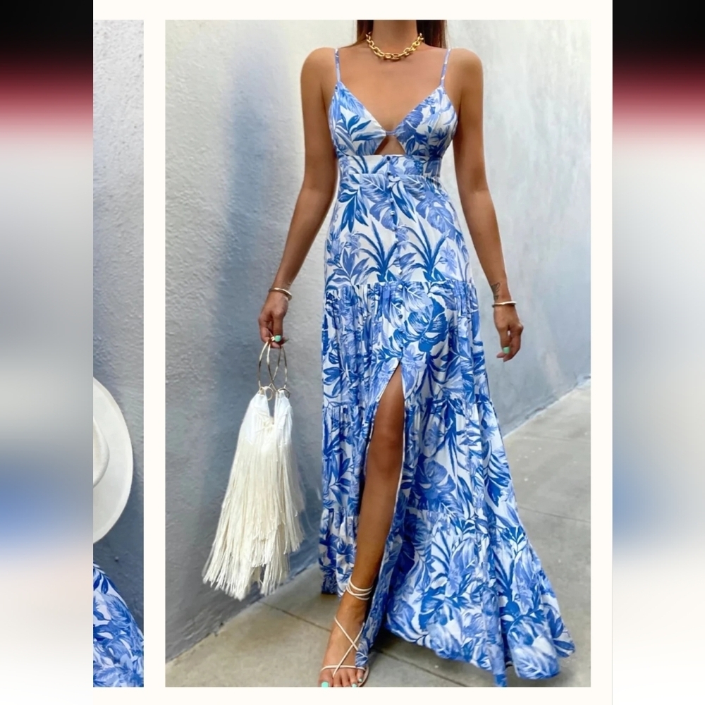 Seven Wonders Blue Floral Cutout Maxi Dress Resortwear Beach Vacation Wedding G